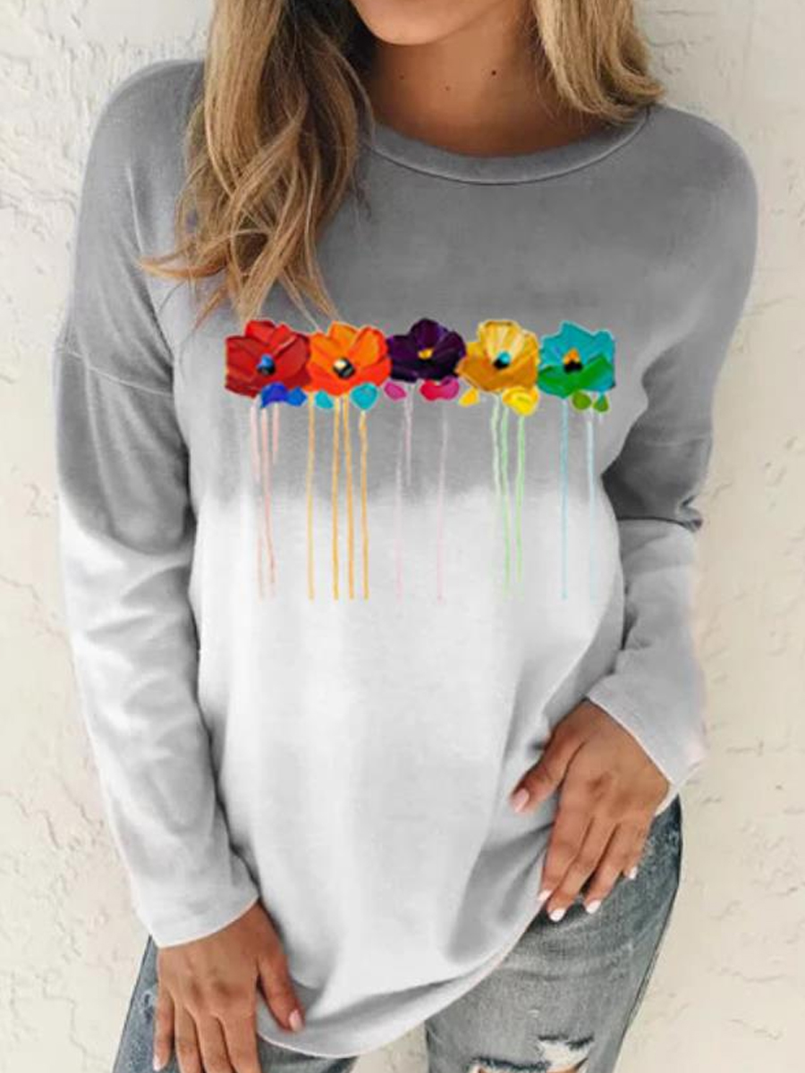 Casual Floral Print Loose Crew Neck Long Sleeve T Shirt