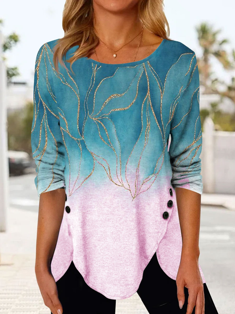 Round Neck Casual Loose Bronze Leaf Print Long Sleeve T shirt