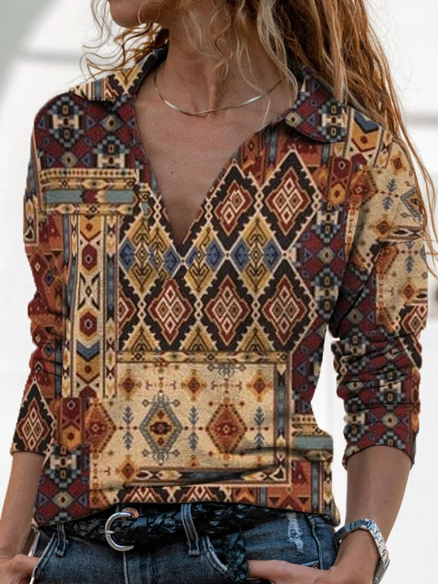Polo Collar Casual Loose Paisley Print Long Sleeve T shirt