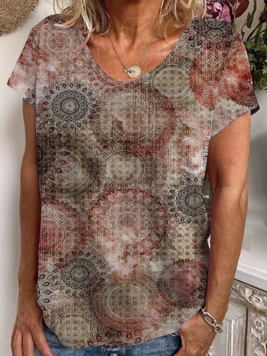 Casual V Neck Short Sleeve Loosen Ethnic Print T Shirt