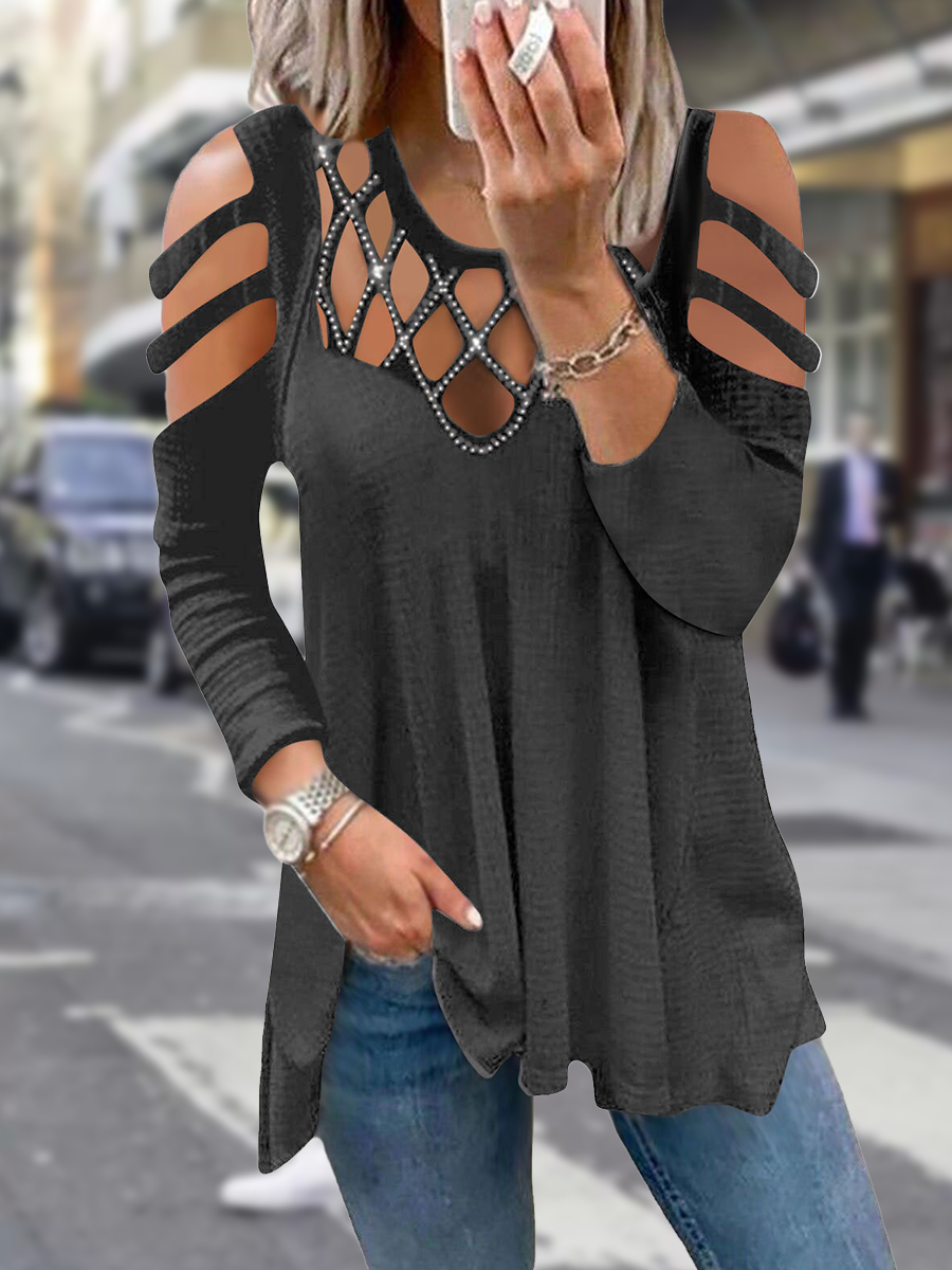 Fashion V neck Solid Color Off the shoulder Hollow out Casual T shirt