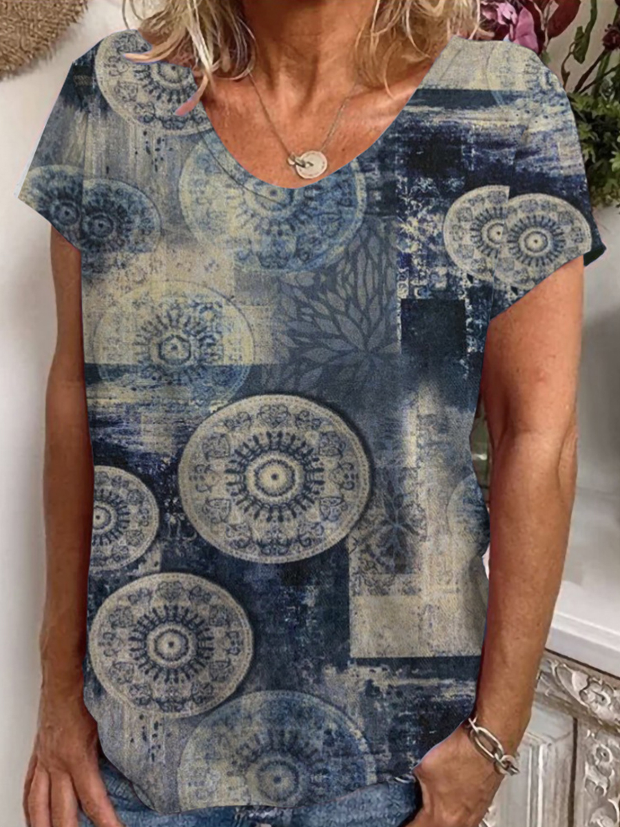Casual V Neck Short Sleeve Loose Vintage Print T Shirt