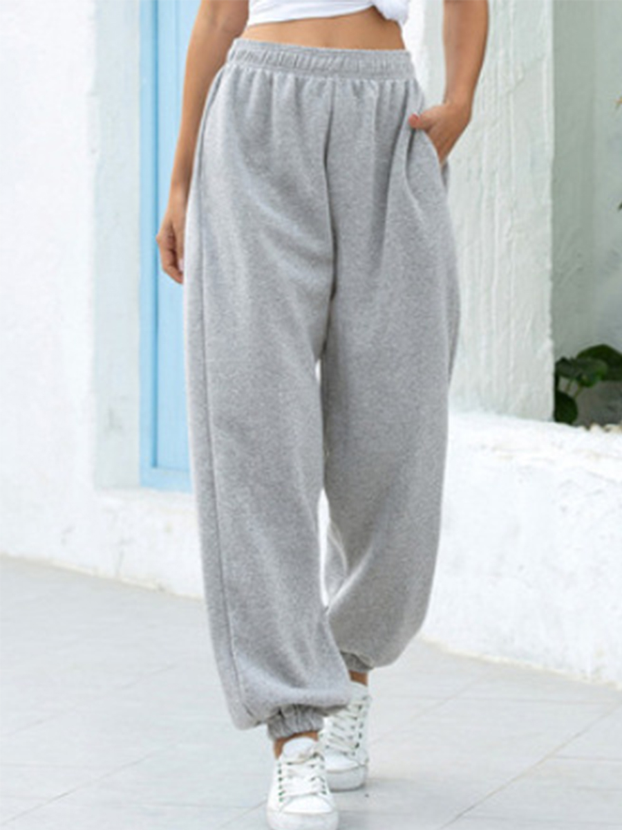 Solid Color Elastic Waist Long Loose Casual Straight leg Pants