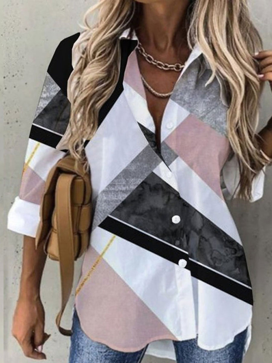 Casual Loose Geometric Contrast Print Long Sleeve Blouse