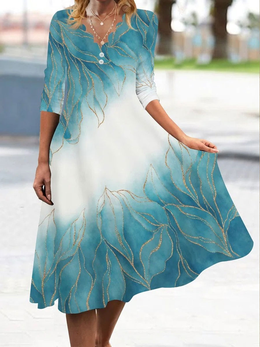 V neck Casual Loose Leaf Print Long Sleeve Midi Dress
