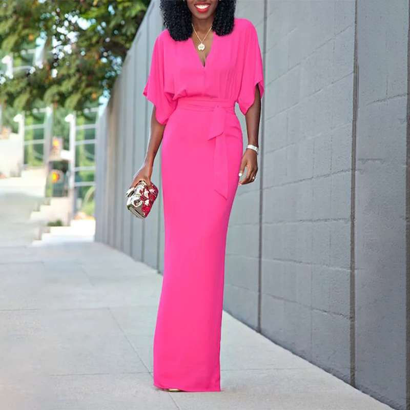 Ladies Fashion Casual V Neck Tie Dress