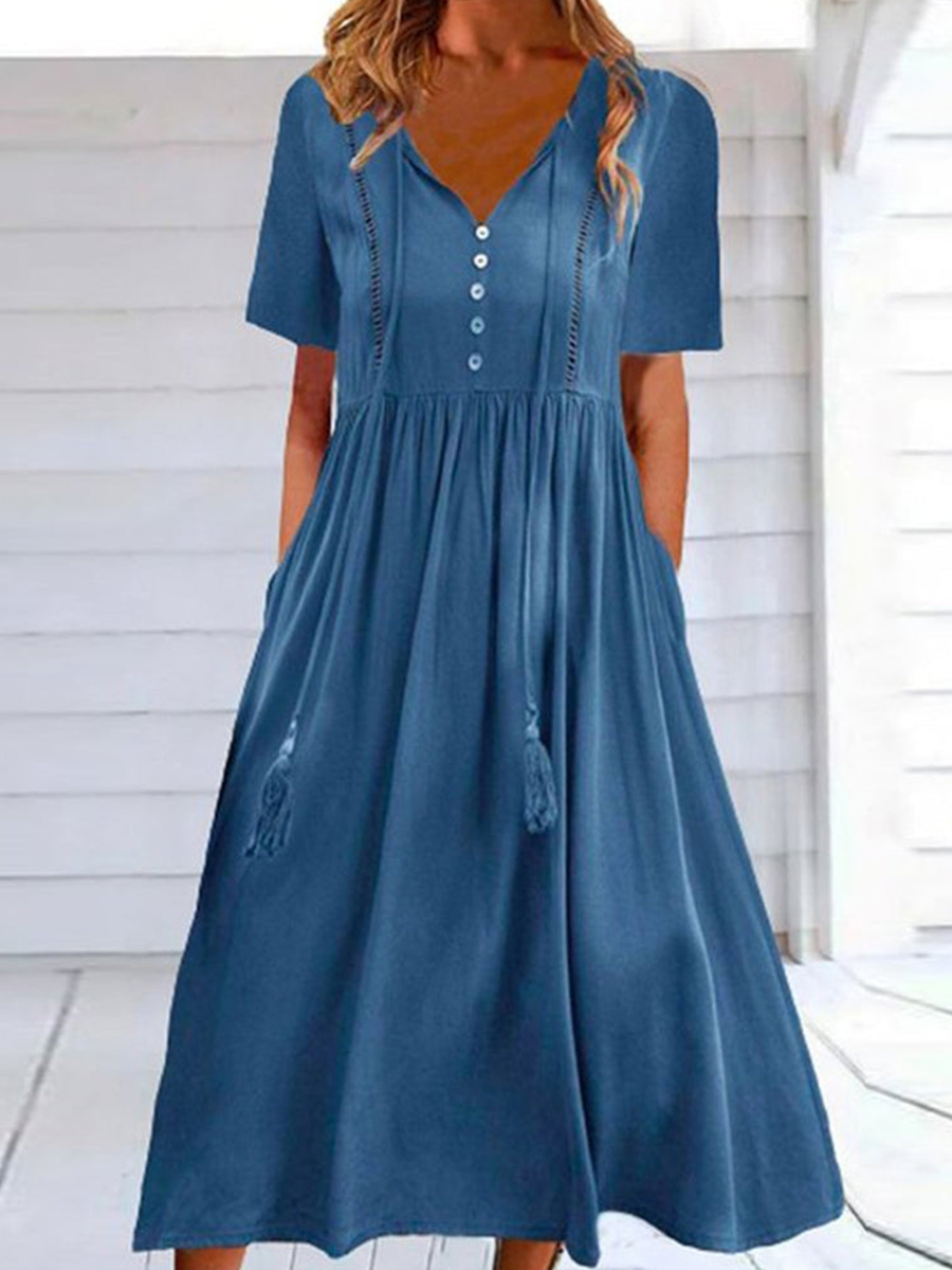 Solid Color V Neck Casual Dress