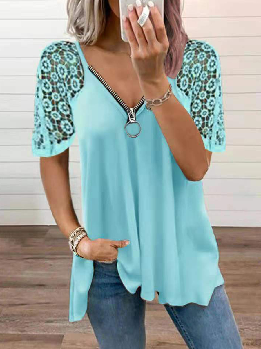 Lace Patchwork Short Sleeve Solid Color Loose T Shirt