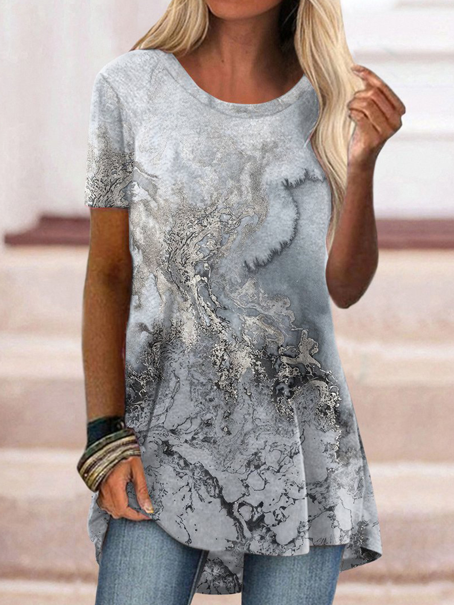 Round Neck Casual Marble Print Short Sleeve T Shirt