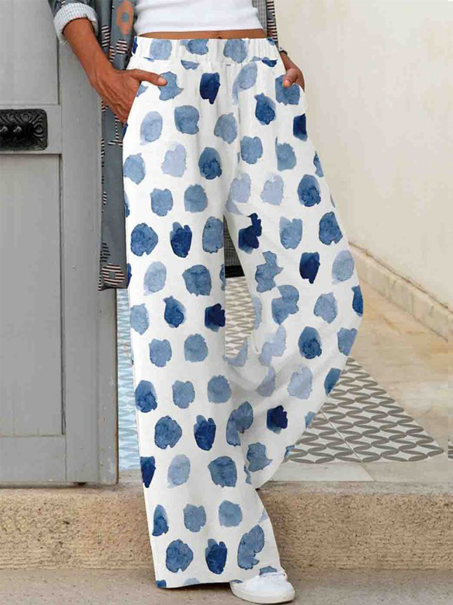 Casual Cotton Blend Circle Print Long Pants
