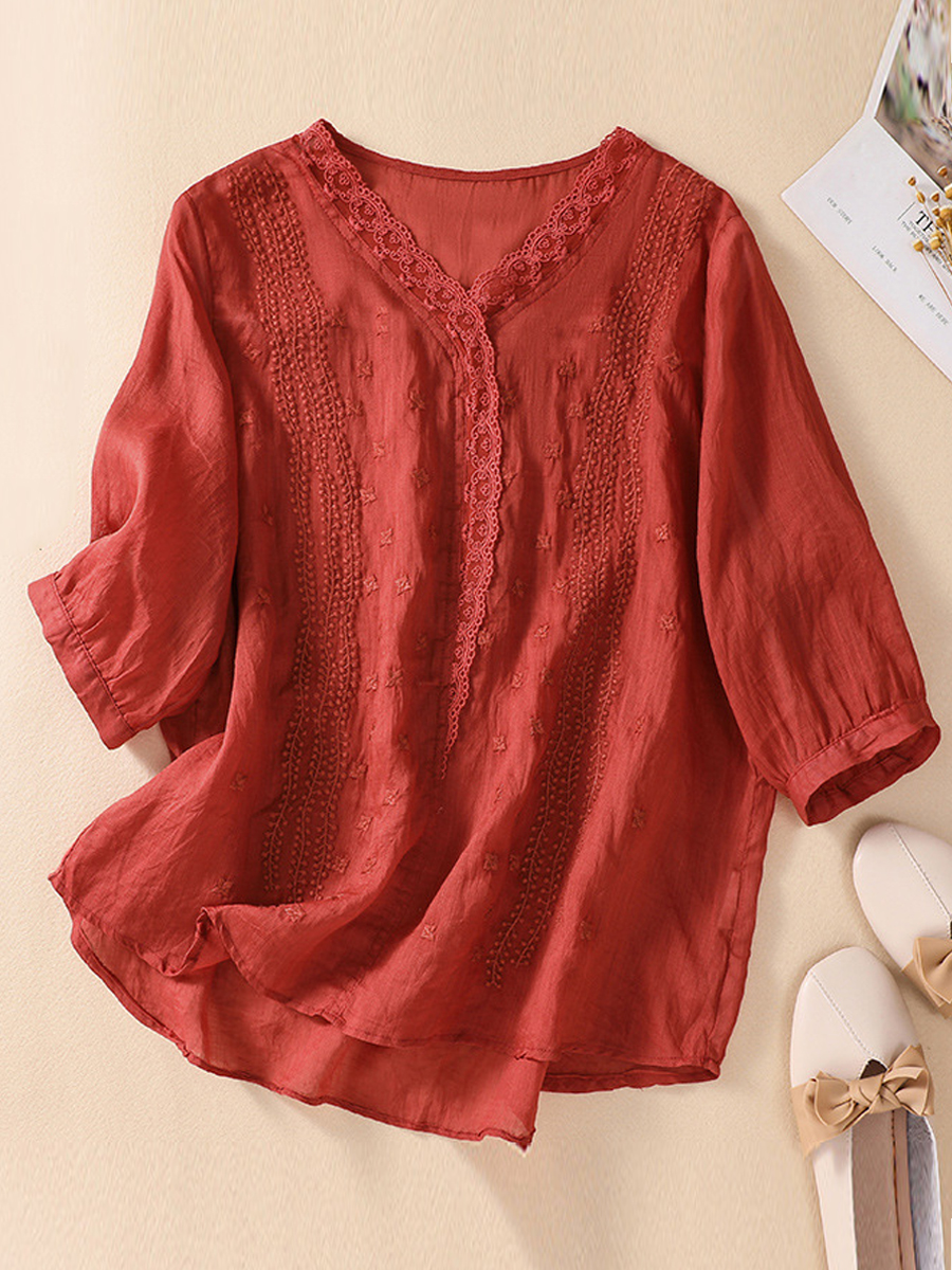 Casual Vintage Embroidered V Neck Half Sleeve Blouse