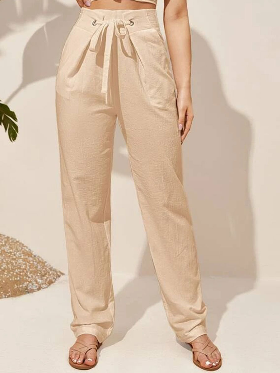 Casual Loose Solid Color Lace Up Straight Pants