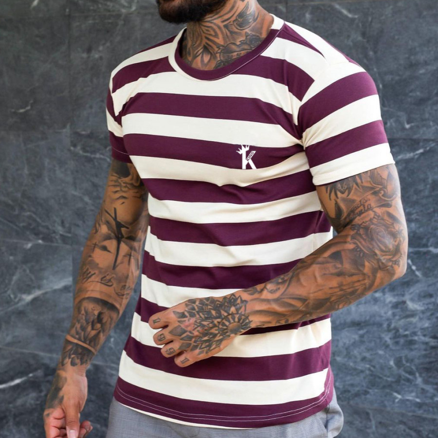 

Men's Fashion King Print Stripe Color Matching Casual Slim Fit T-Shirt