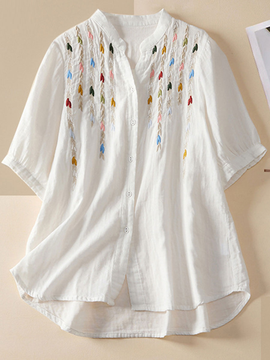 Casual Loose Embroidered Cardigan Short Sleeve Blouse