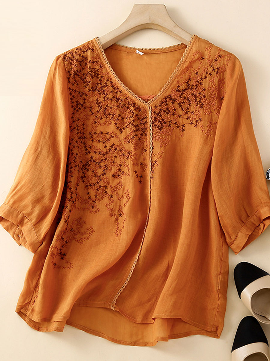 V neck Casual Loose Embroidered Mid sleeve Blouse