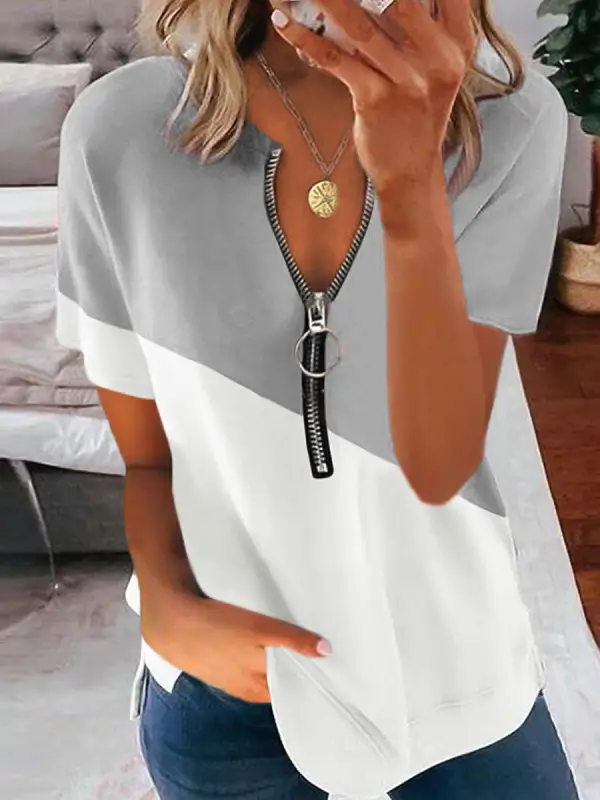 Round Neck Zip Colorblock Casual Loose Short Sleeve T-shirt - Oasisjoy.com 