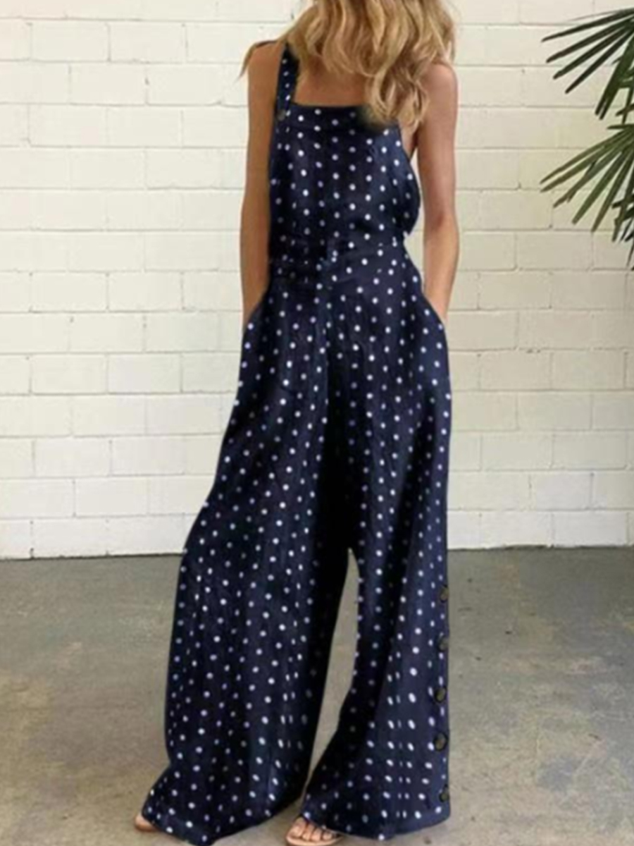 Cotton And Linen Polka Dot Button Embellished Jumpsuit