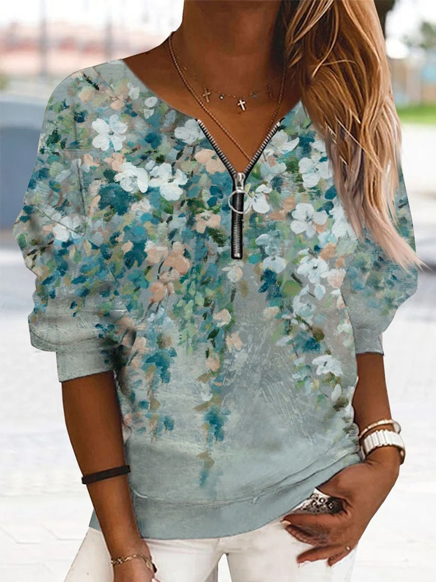 Long Sleeve Casual Floral Cotton Blend Sweatshirts