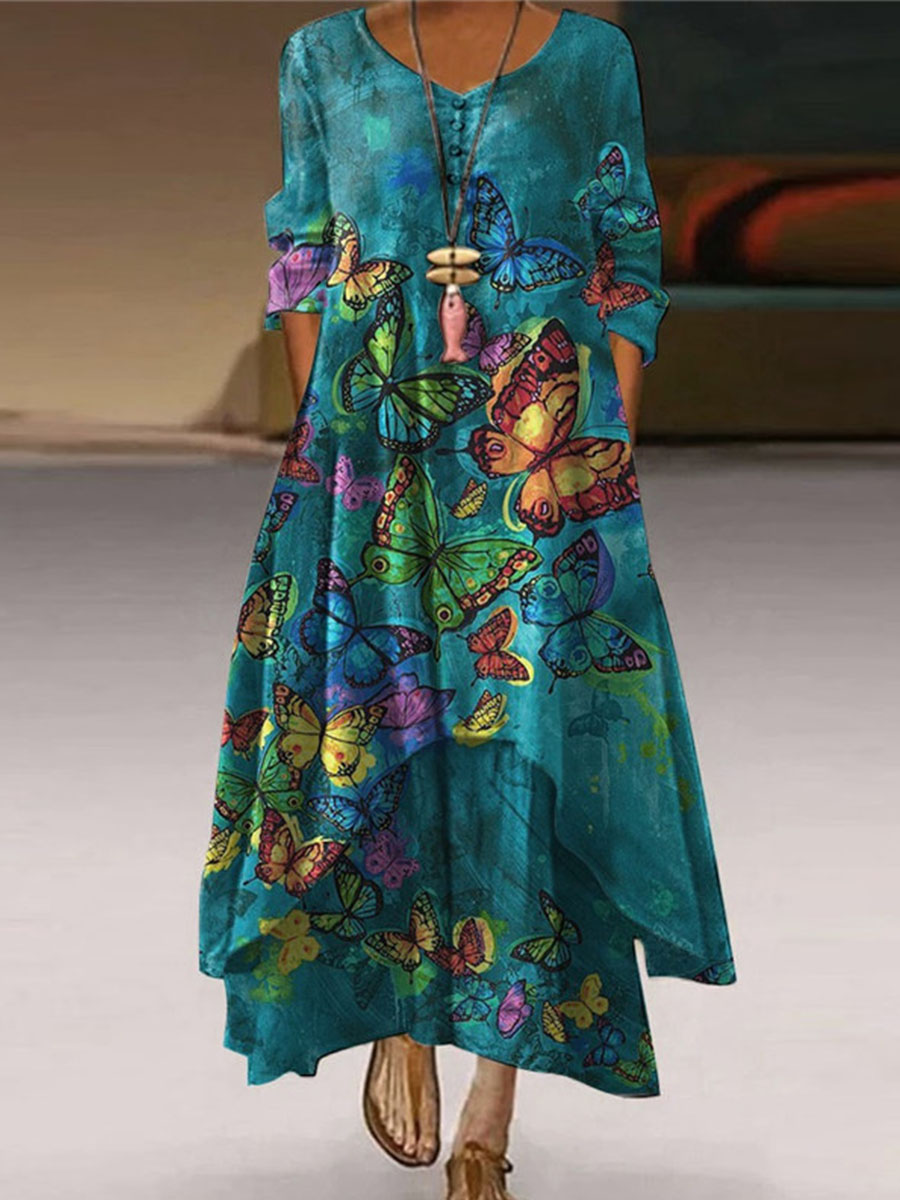 Casual Floral Crew Neck Jersey Three Quarter Sleeve Maxi Dresse