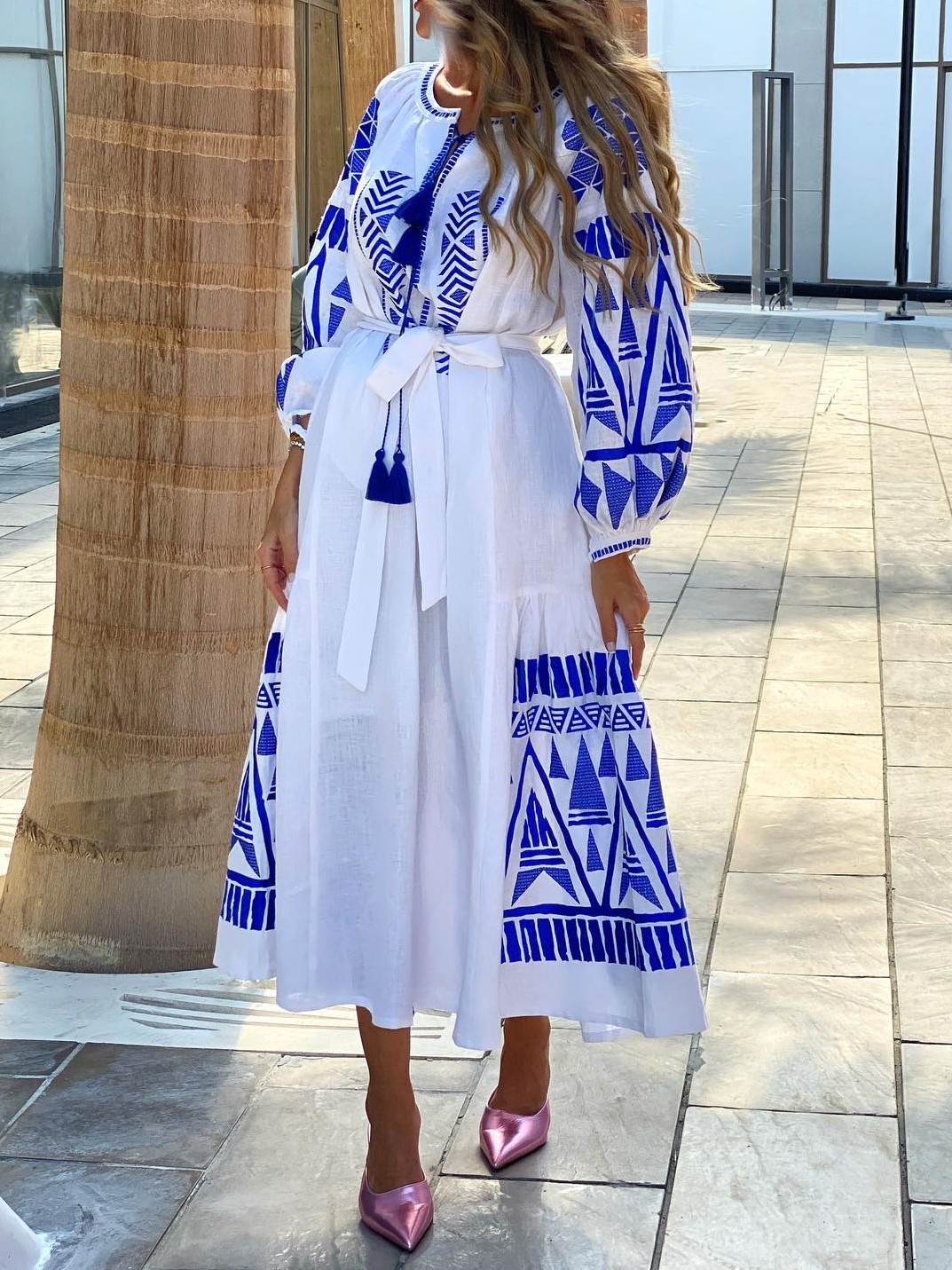 Women's Fashion Casual Royal Blue Several Printed Fringe High Waist Resort Dress
