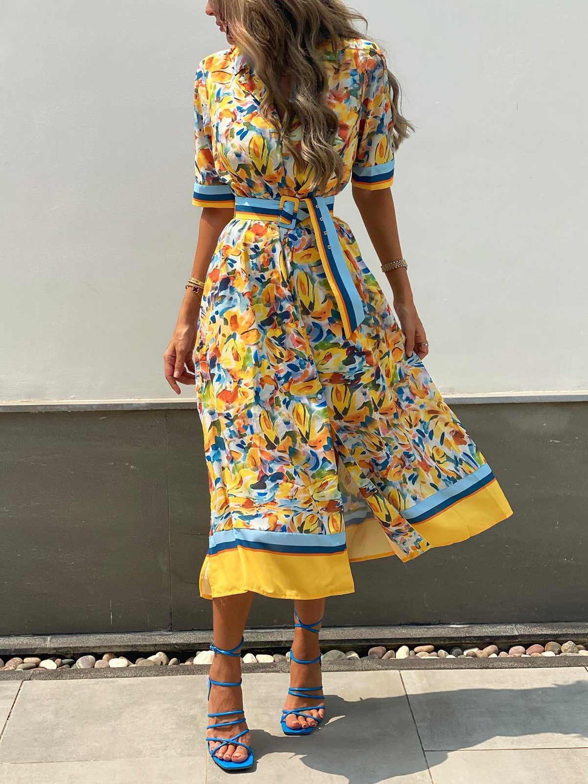 Women's Fashion Elegant Oil Painting Print High Waist Slit Dress