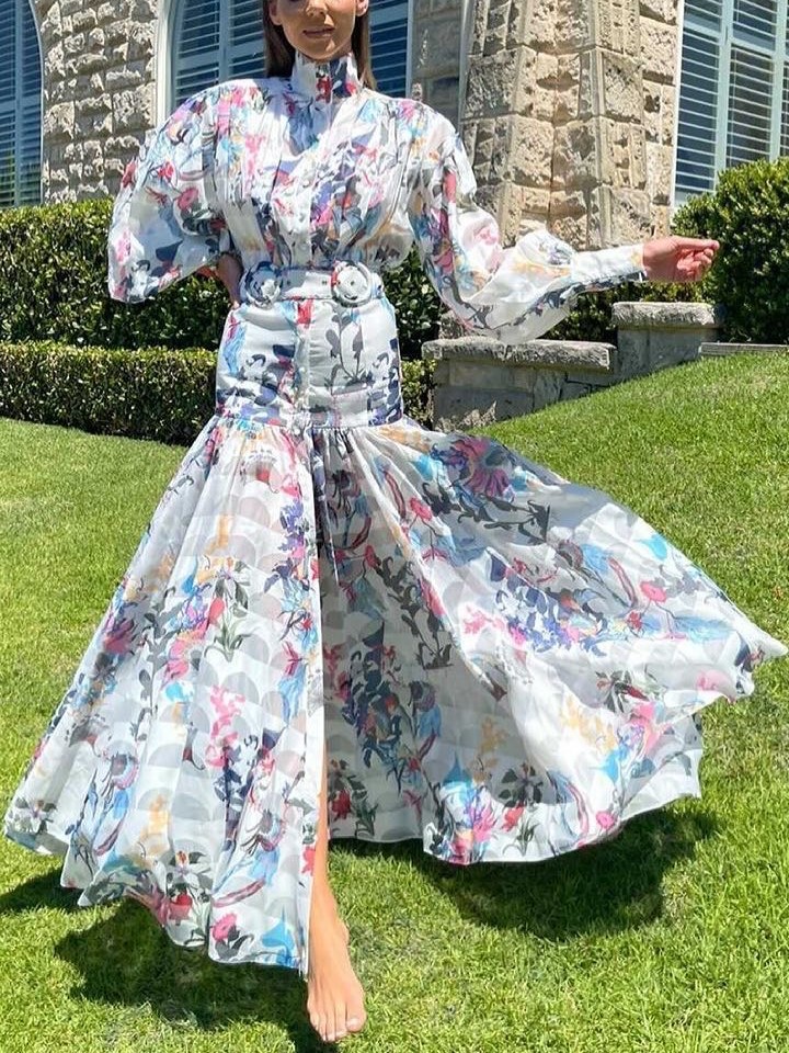Women's Elegant Print Lantern Sleeve High Waist Resort Dress