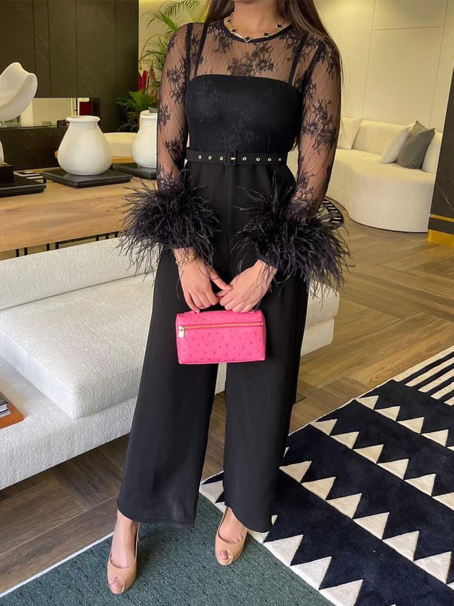 Ladies Elegant Fashion Lace Panel Feather Dinner Party Jumpsuit