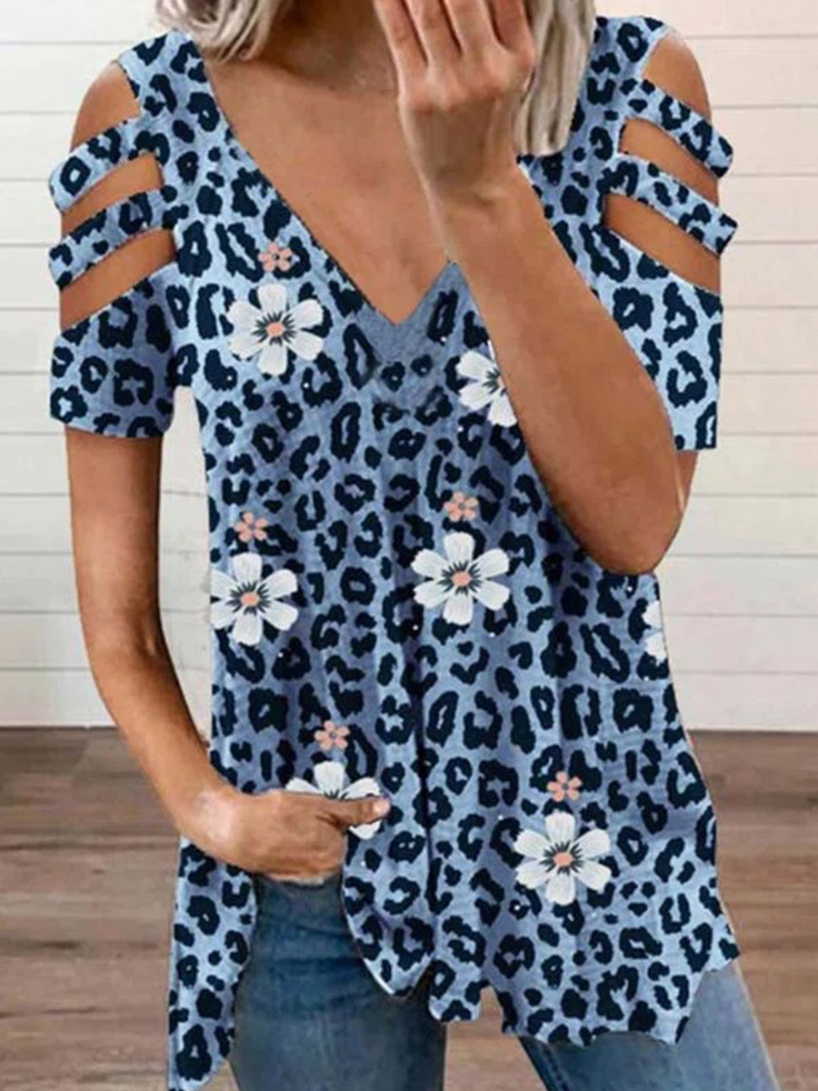 Fashion Off Shoulder Floral Print Short Sleeve T Shirt
