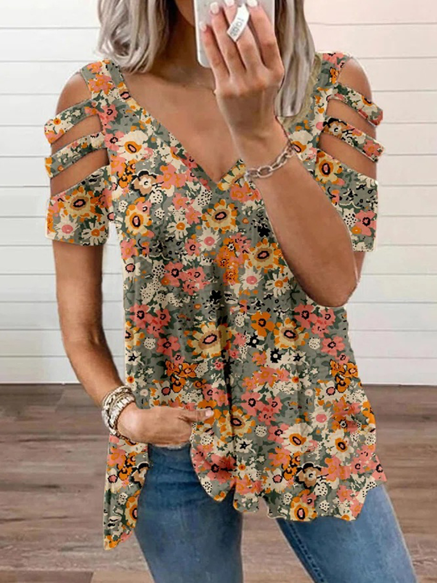 Fashion Off Shoulder Print Short Sleeve T Shirt