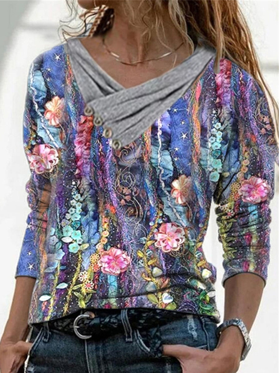 Casual V Neck Long Sleeve Vintage Print T Shirt