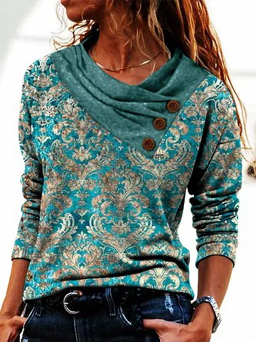 Cross Neck Geometric Long Sleeve Tops