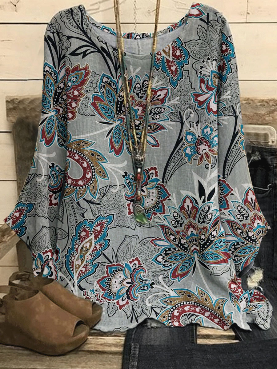 Round Neck Casual Loose Vintage Print Long Sleeve Blouse