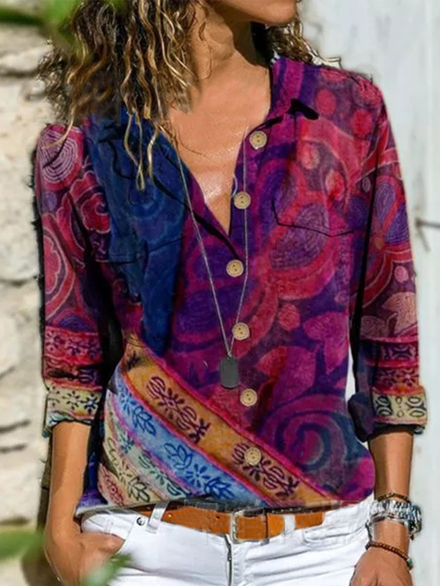 Casual Fashion Print Lapel Long Sleeve Shirt