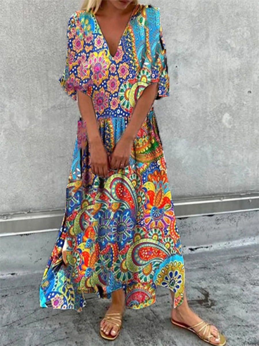 Casual Floral Print V Neck Half Sleeve Maxi Dress