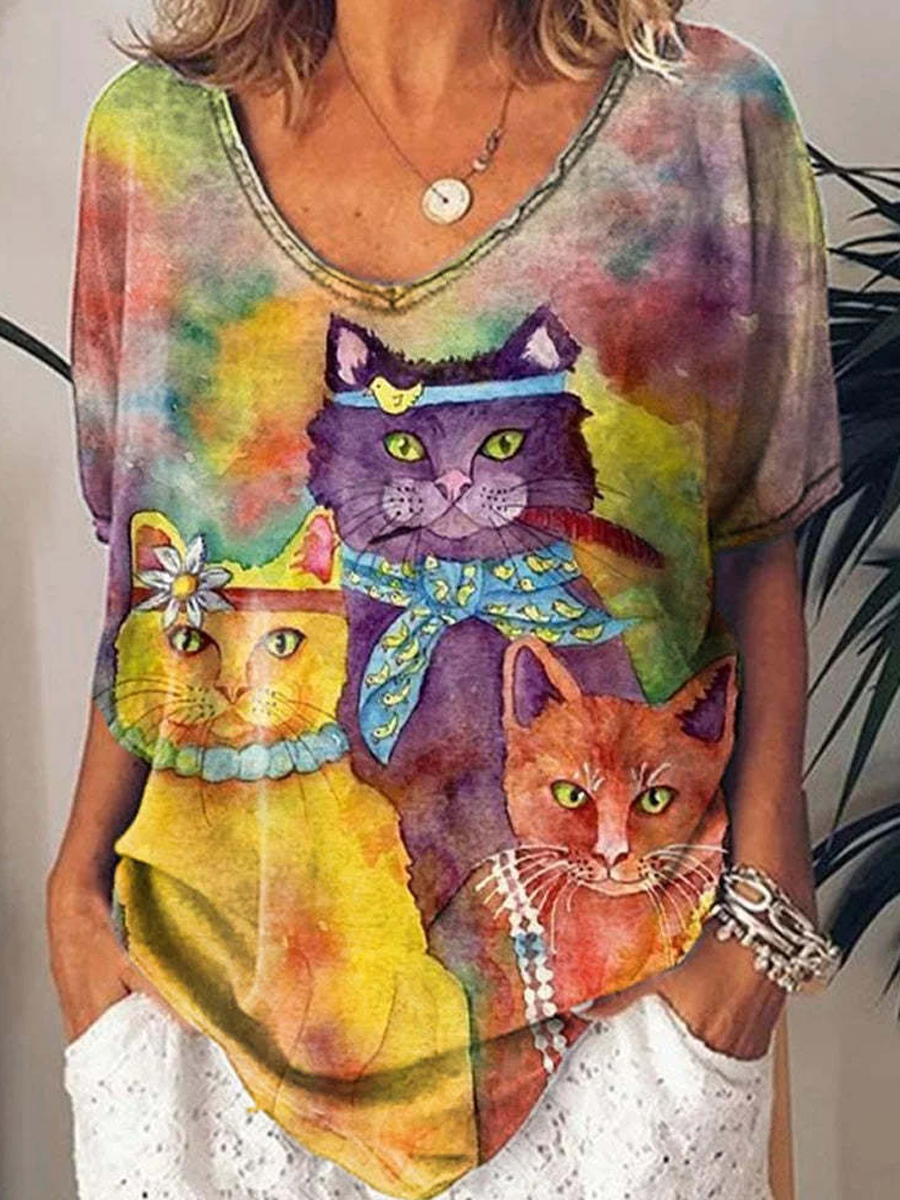 Loose Casual Cat Print V Neck Short Sleeve T Shirt