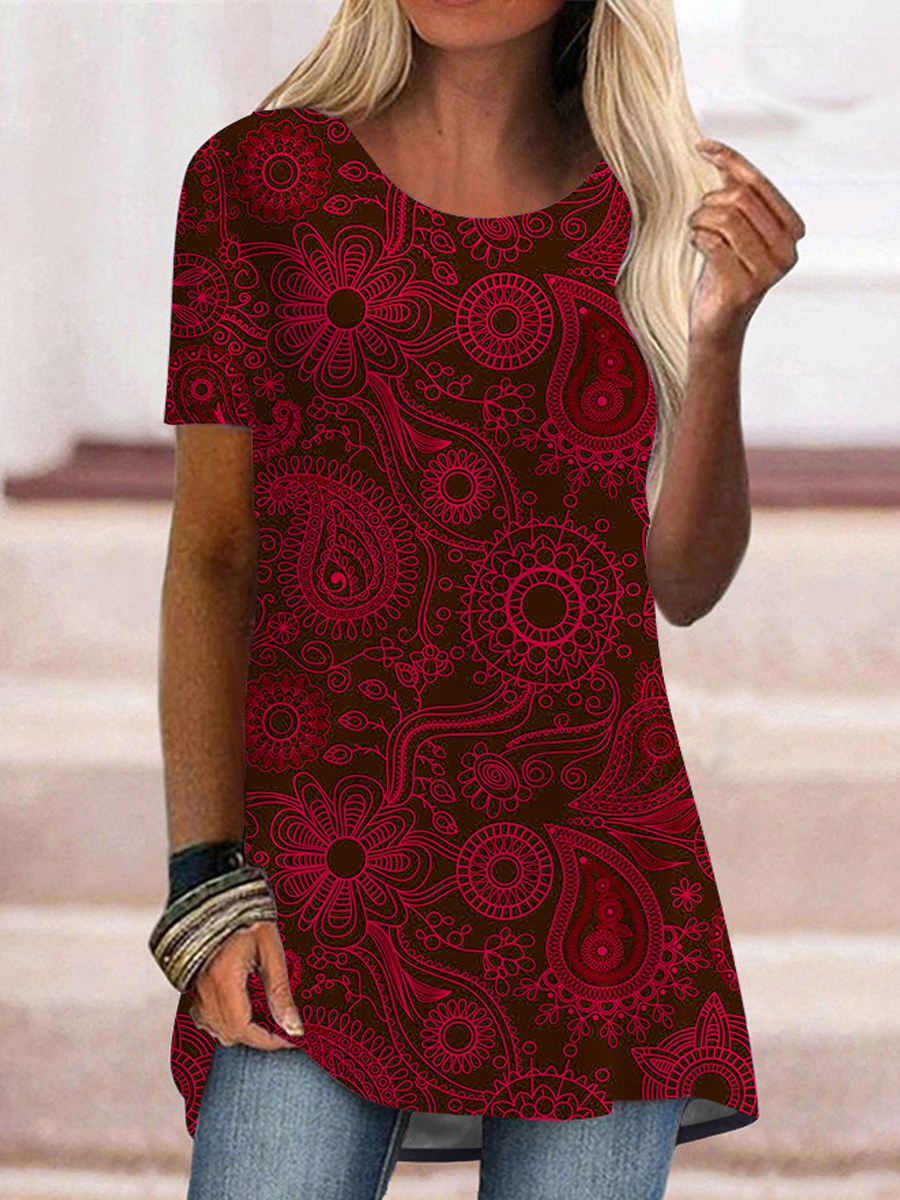 Casual Cashew Flower Print Crew Neck Short Sleeve T Shirt