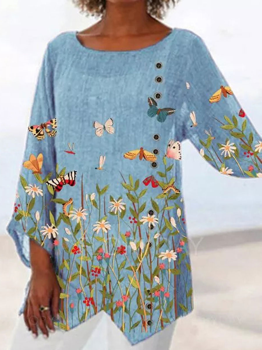 Round Neck Casual Loose Floral Print Long Sleeve Blouse