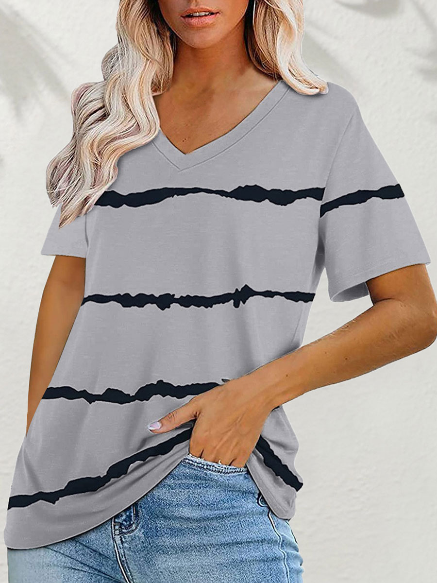 V neck Casual Loose Striped Print Short Sleeve T shirt