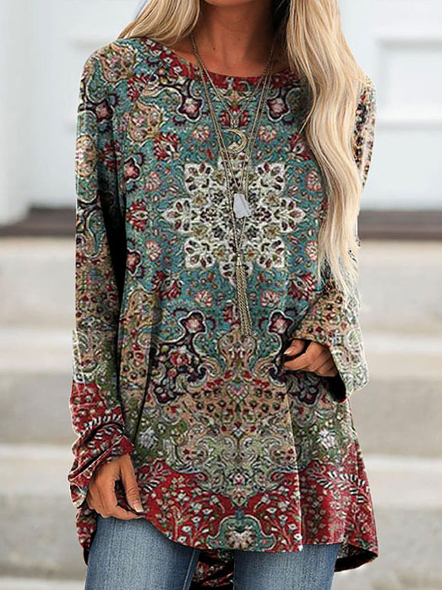 Round Neck Casual Loose Vintage Print Long Sleeve T shirt