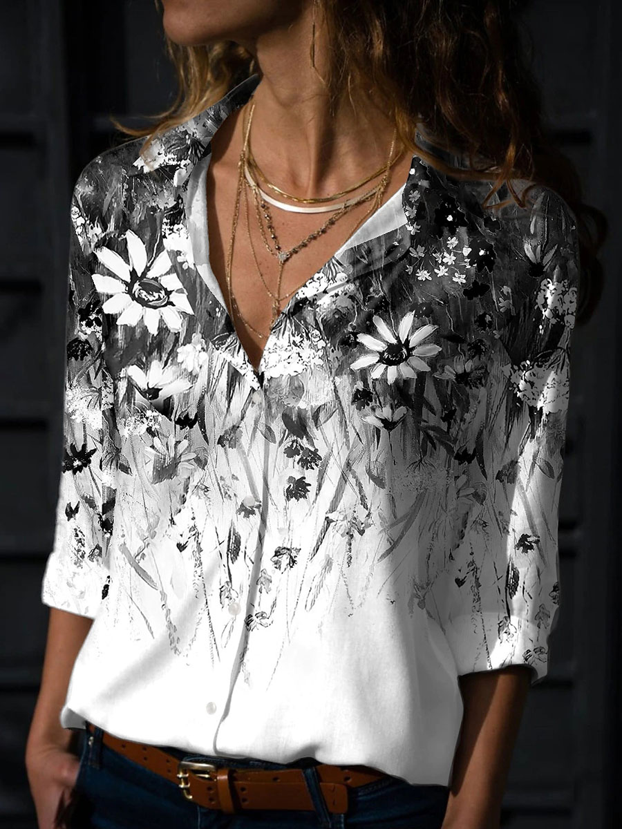 Casual Loose Floral Print Long Sleeve Blouse