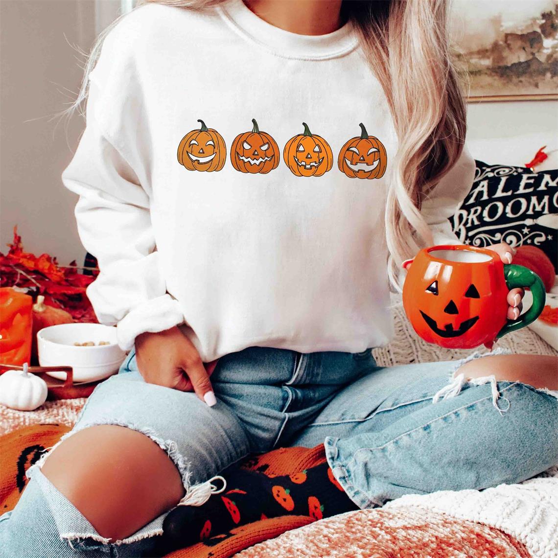 Women's Jack O Lantern Pumpkin Halloween Print Casual Sweatshirt