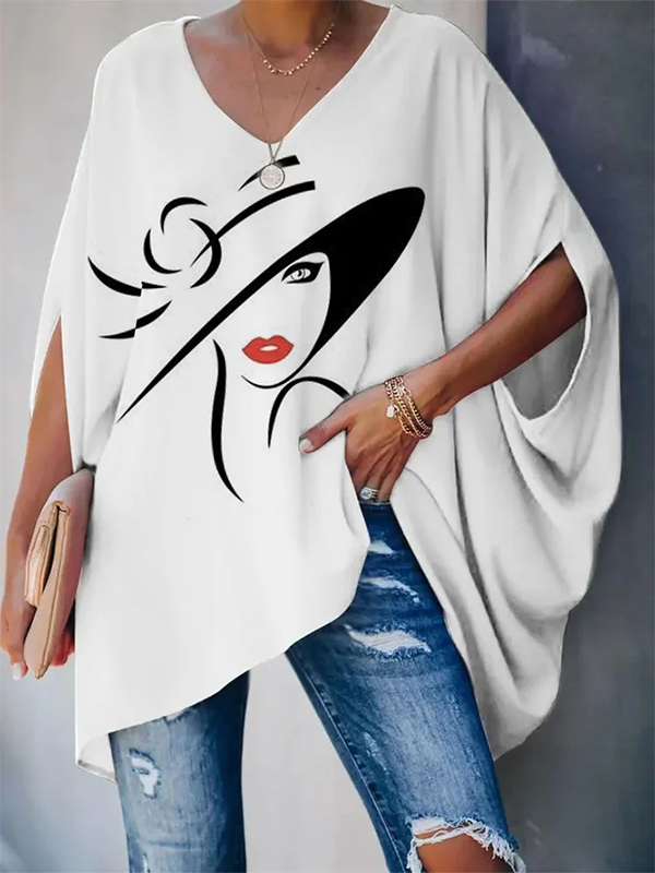 Ladies Elegant Fashion V Neck Printed Short Sleeve Top