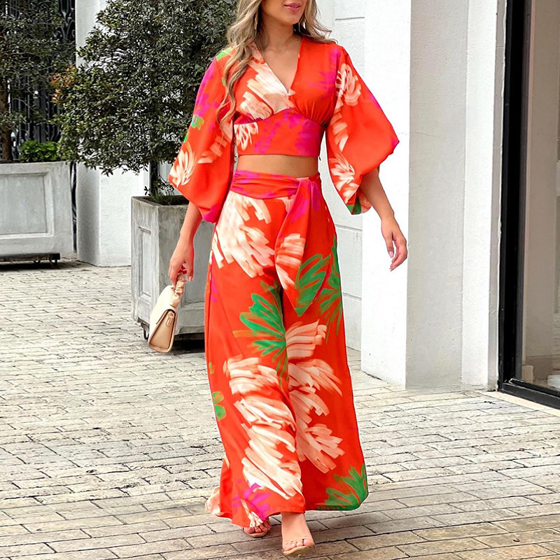 Ladies Elegant Print V Neck Balloon Sleeve Shirt High Waist Wide Leg Pants Two Piece Set