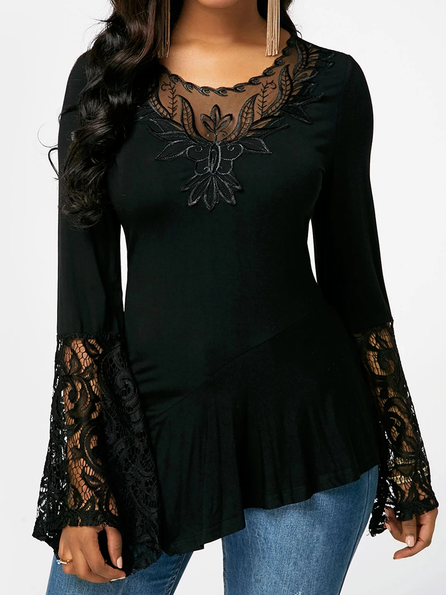 Long sleeve Lace Patchwork Irregular T shirt