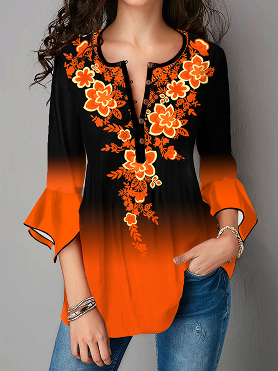 Ruffle Sleeve Print Shirt 3/4 Sleeve V Neck T Shirt