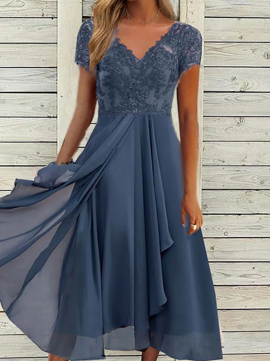 Chiffon Stitching V neck Lace Hollow Evening Dress