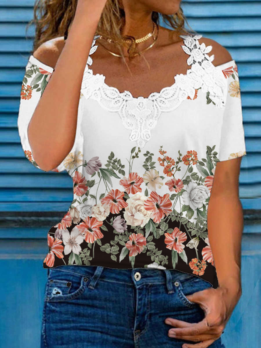 V Neck Lace Print Casual Loose T Shirt