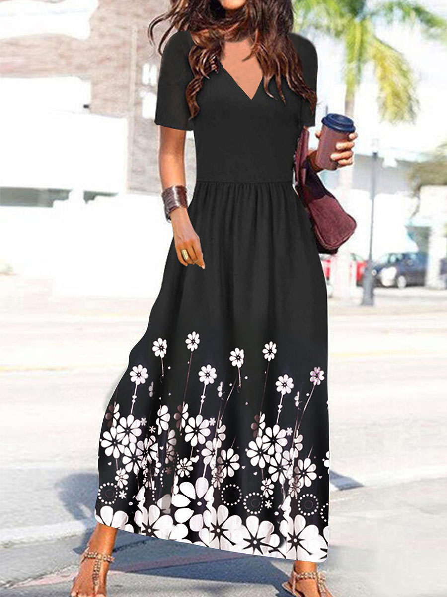 V Neck Casual Loose Floral Print Holiday Short Sleeve Maxi Dress