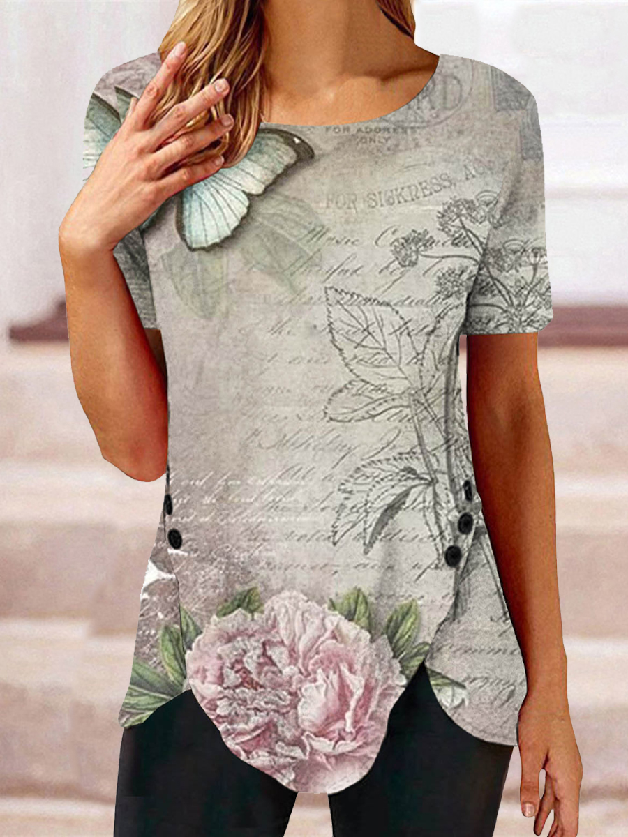 Casual Floral Print Crew Neck Short Sleeve T Shirt