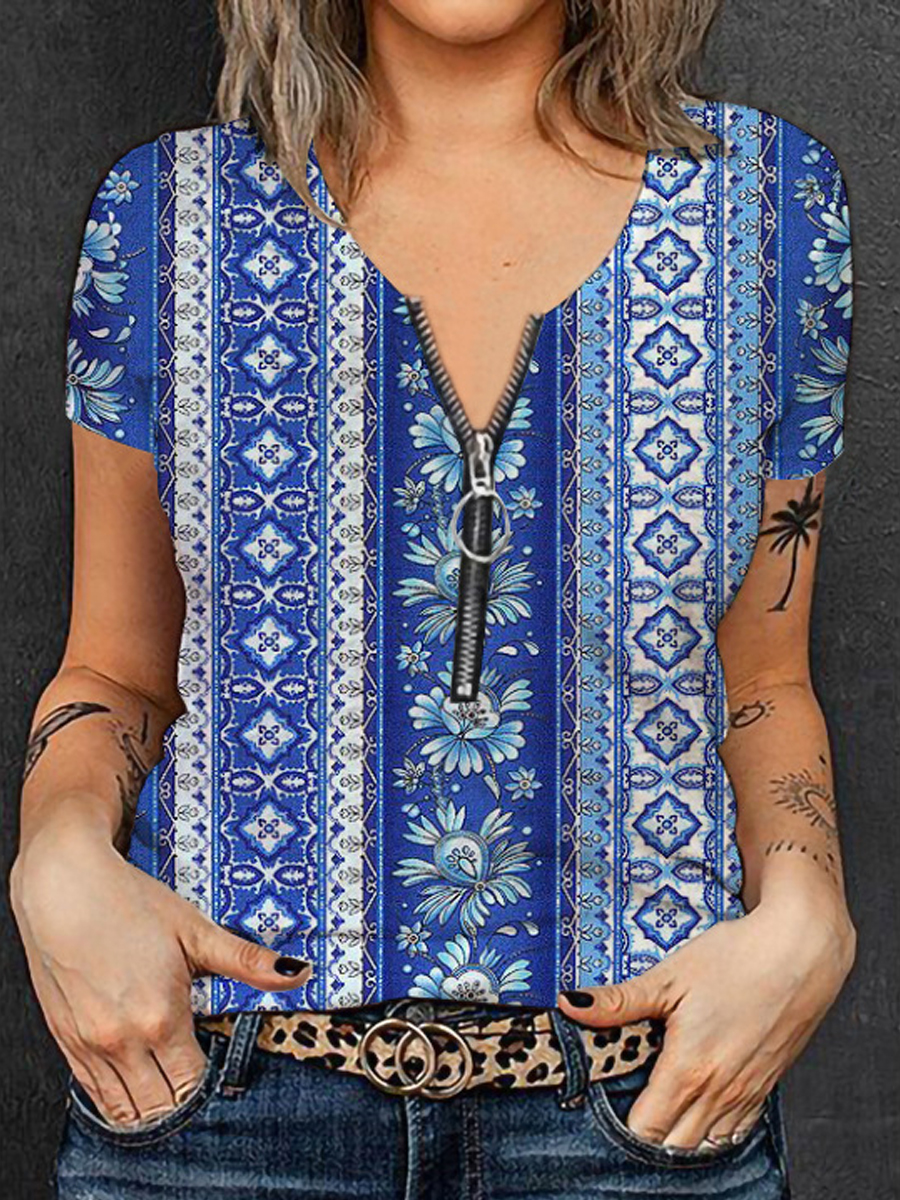Casual Ethnic Print Zip V Neck Short Sleeve T Shirt